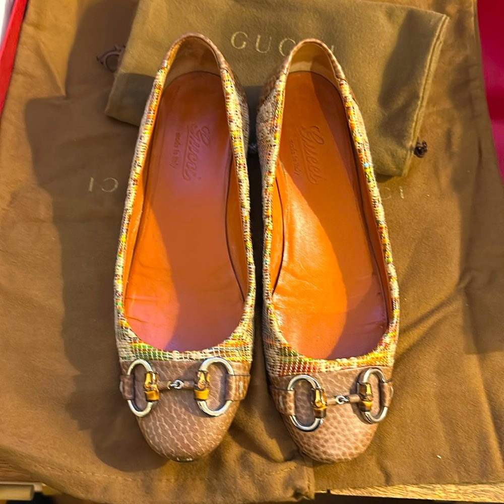 Gucci Multicolor GG Raffia and Leather Cap Toe Horsebit Ballet Flats Size 36.5